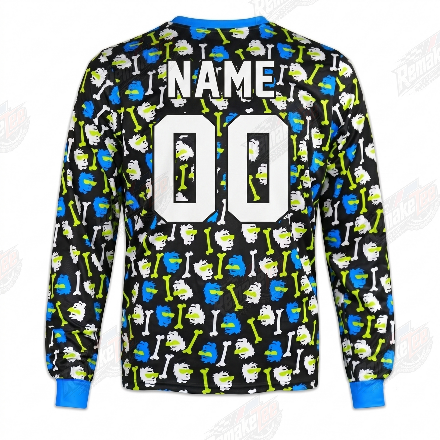 RemakeTee JT Racing Blue Lime Caveman Bone Custom Vintage Retro VMX Racing Jersey 1300 - Back