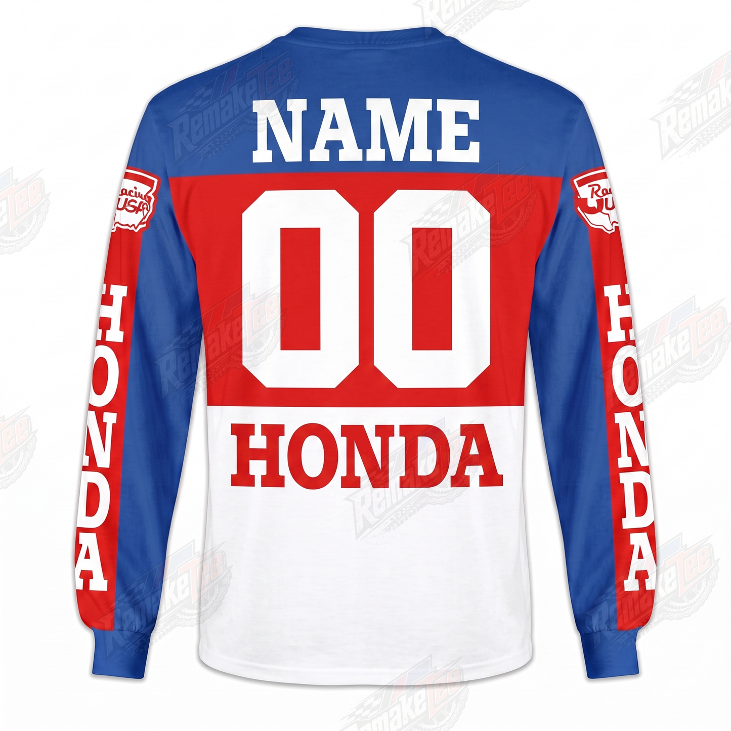 RemakeTee Honda HRC Red White Blue Custom Vintage Retro VMX Racing Jersey 1308 - Back