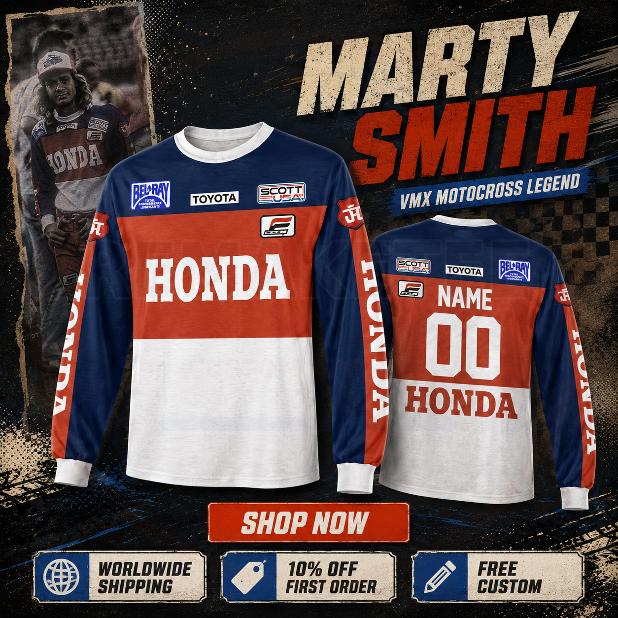 RemakeTee Honda Toyota Bel Ray Scott Usa Custom Vintage Retro VMX Racing Jersey 1292