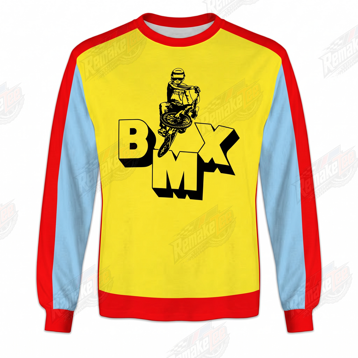 BMX Stunt Rider Yellow Red Blue vintage BMX racing jersey - front view