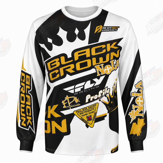 Black Crown NOLA Fly Racing Black Gold White vintage BMX racing jersey - product view