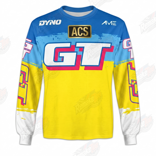 Dyno GT ACS Blue Yellow Pink vintage BMX racing jersey - product view