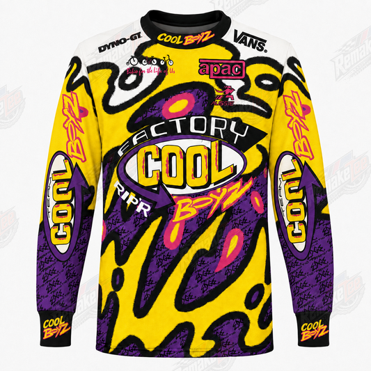 Dyno GT Cool Boyz Factory Cool Yellow Purple vintage BMX racing jersey - product view