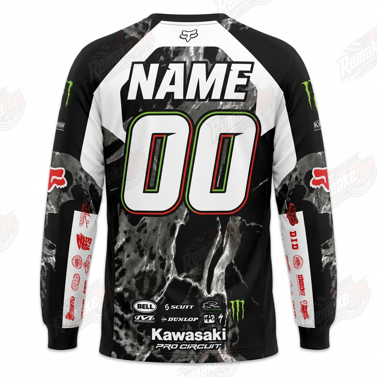 Fox Monster Kawasaki Pro Circuit Black White vintage VMX racing jersey - back product view