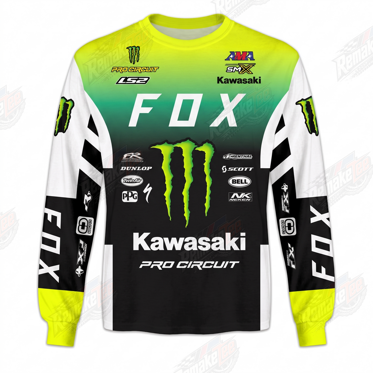 Fox Monster Kawasaki Pro Circuit Neon Yellow Black vintage VMX racing jersey - front product view