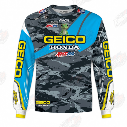 GEICO Honda Camo Blue Yellow vintage VMX racing jersey - front product view