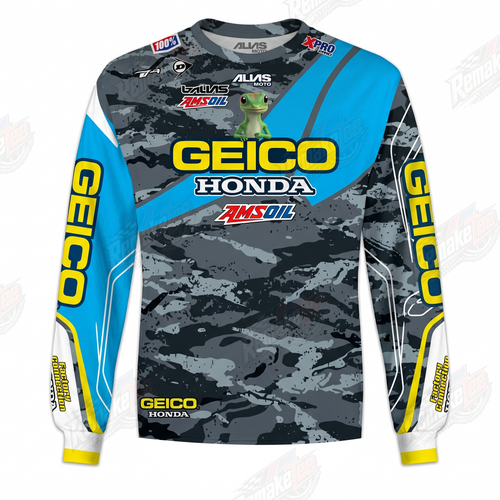 GEICO Honda Camo Blue Yellow vintage VMX racing jersey - front product view