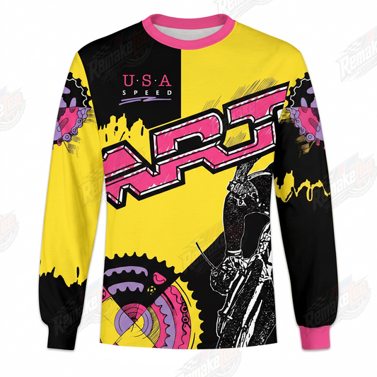 MRT USA Speed Yellow Pink Black vintage BMX racing jersey - product view
