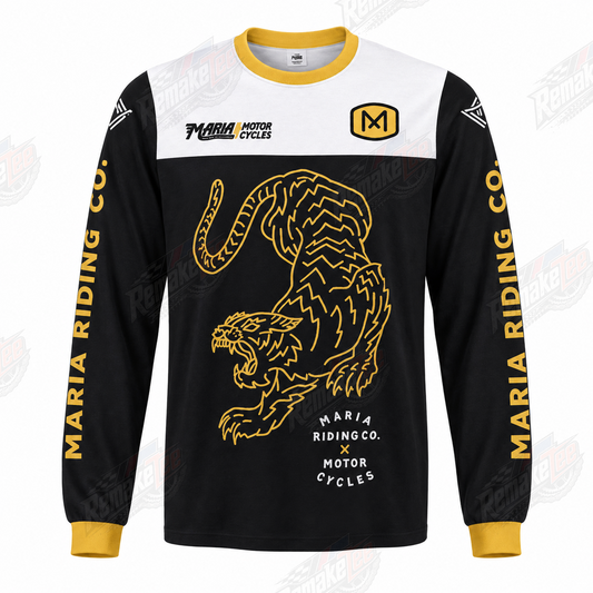 Maria Riding Co Motor Cycles Tiger Black Gold White vintage BMX racing jersey - product view