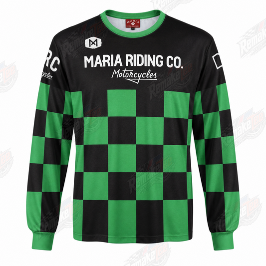 Maria Riding Co Motorcycles Green Black Checker vintage BMX racing jersey - product view