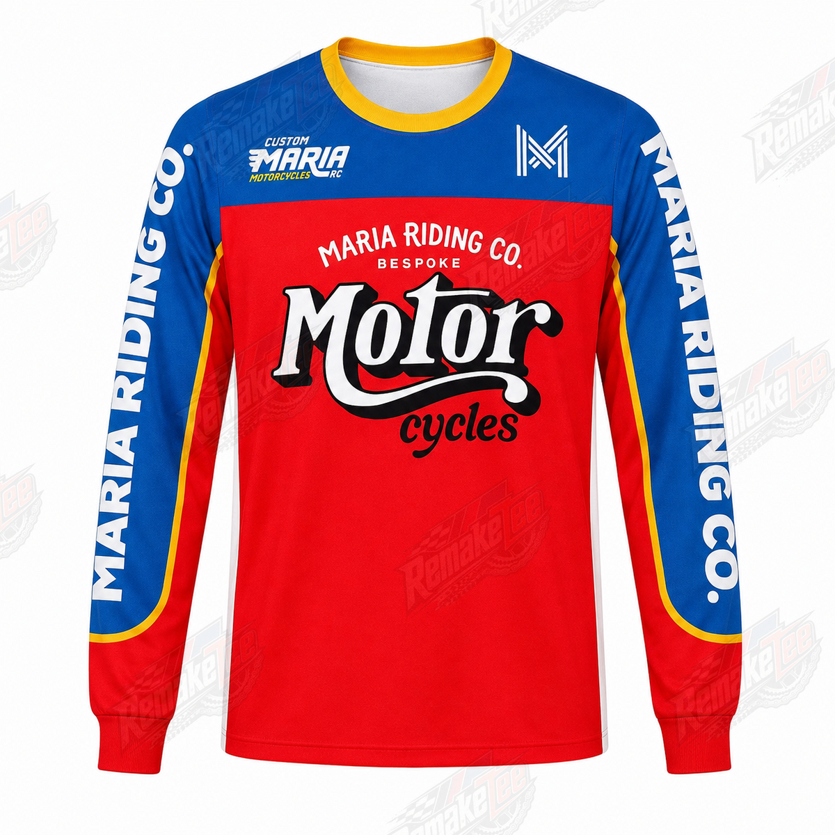 Maria Riding Co Motorcycles Red Blue Yellow vintage BMX racing jersey - product view