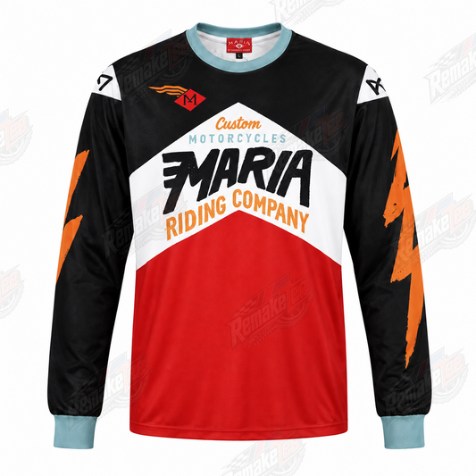 Maria Riding Company Custom Motorcycles Black Red White Orange vintage BMX racing jersey - product view