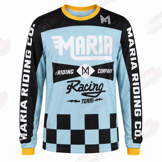 Maria Riding Company Racing Team Light Blue Black Checker vintage BMX racing jersey - product view