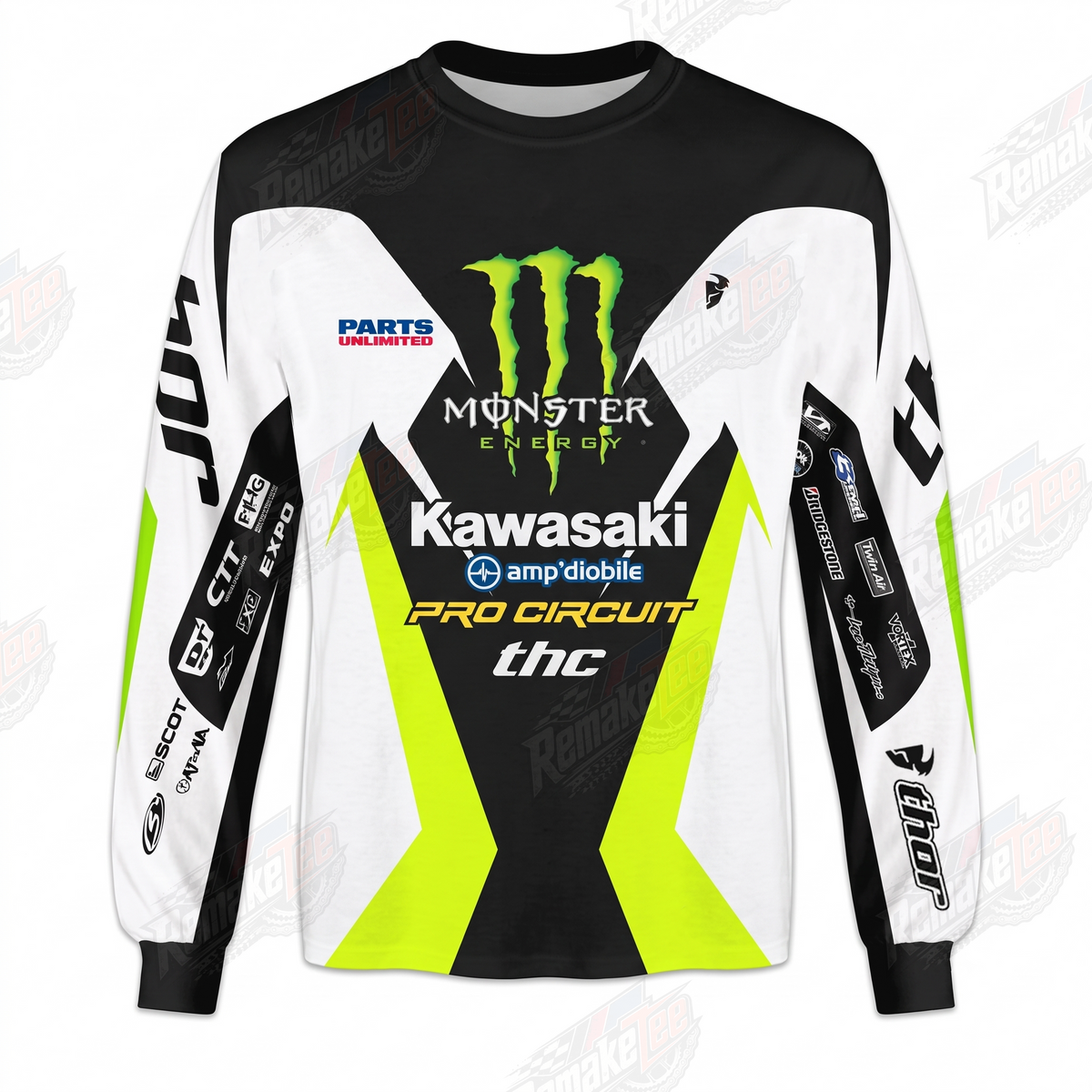 Monster Energy Kawasaki Pro Circuit Neon Yellow White vintage VMX racing jersey - front product view