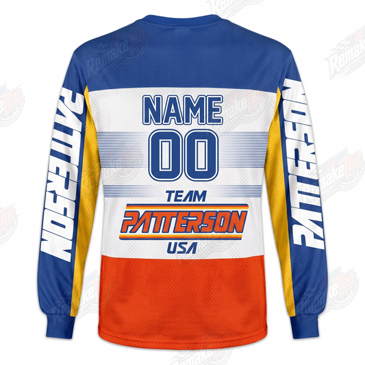 Patterson USA RRR Blue Orange vintage BMX racing jersey design #1007 - product view
