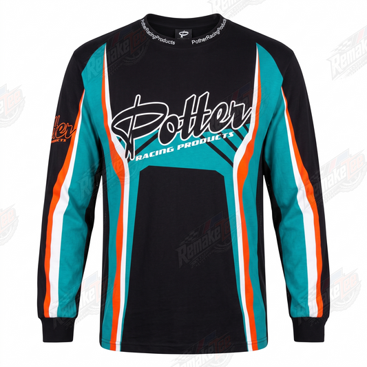 Potter Racing Products Black Teal Orange vintage BMX racing jersey - product view