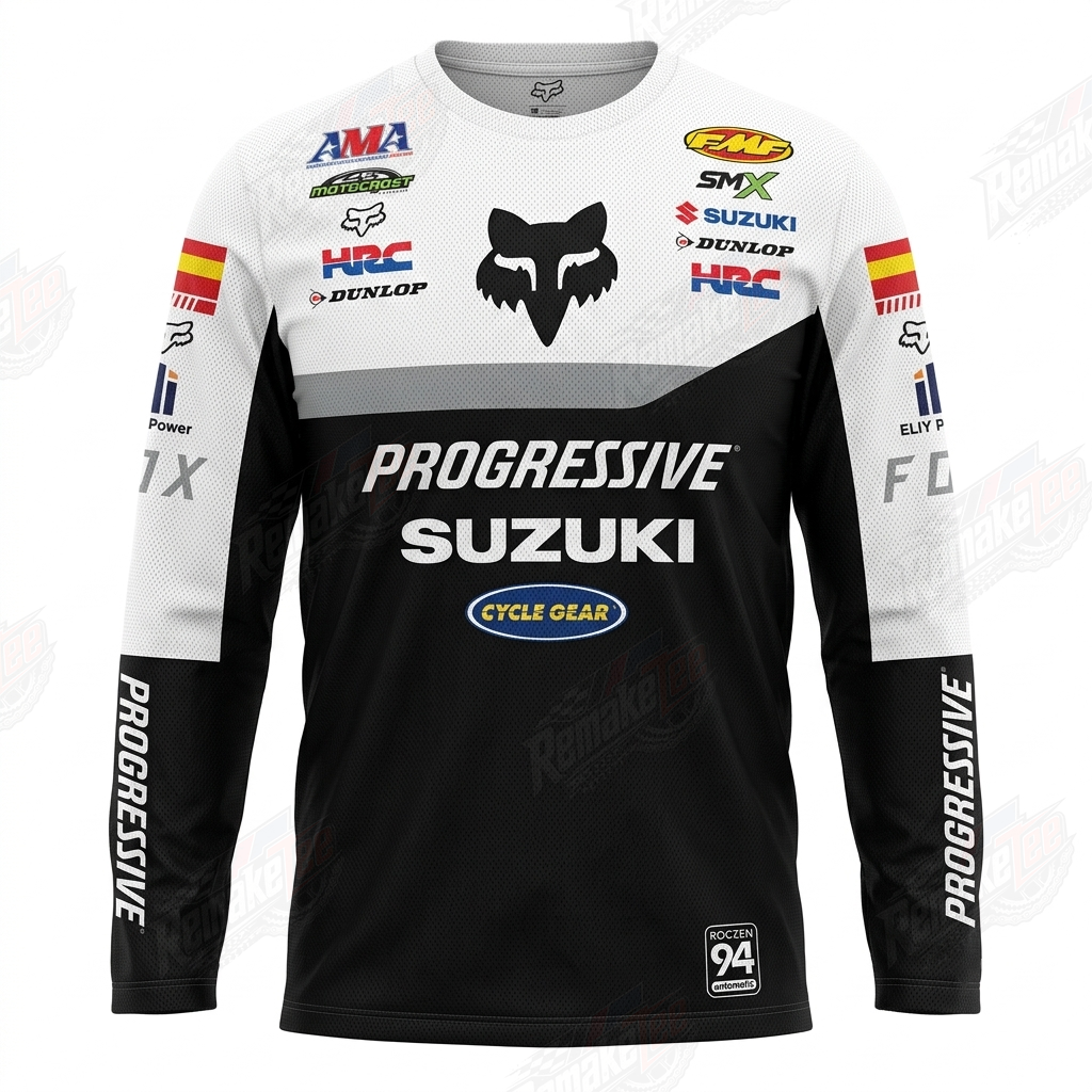 Progressive Suzuki Fox AMA Black White vintage VMX racing jersey - front product view