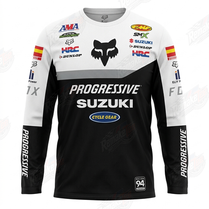 Progressive Suzuki Fox AMA Black White vintage VMX racing jersey - front product view