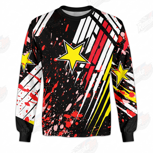 Retro Yellow RockStar Splatter Black Red White vintage BMX racing jersey - product view