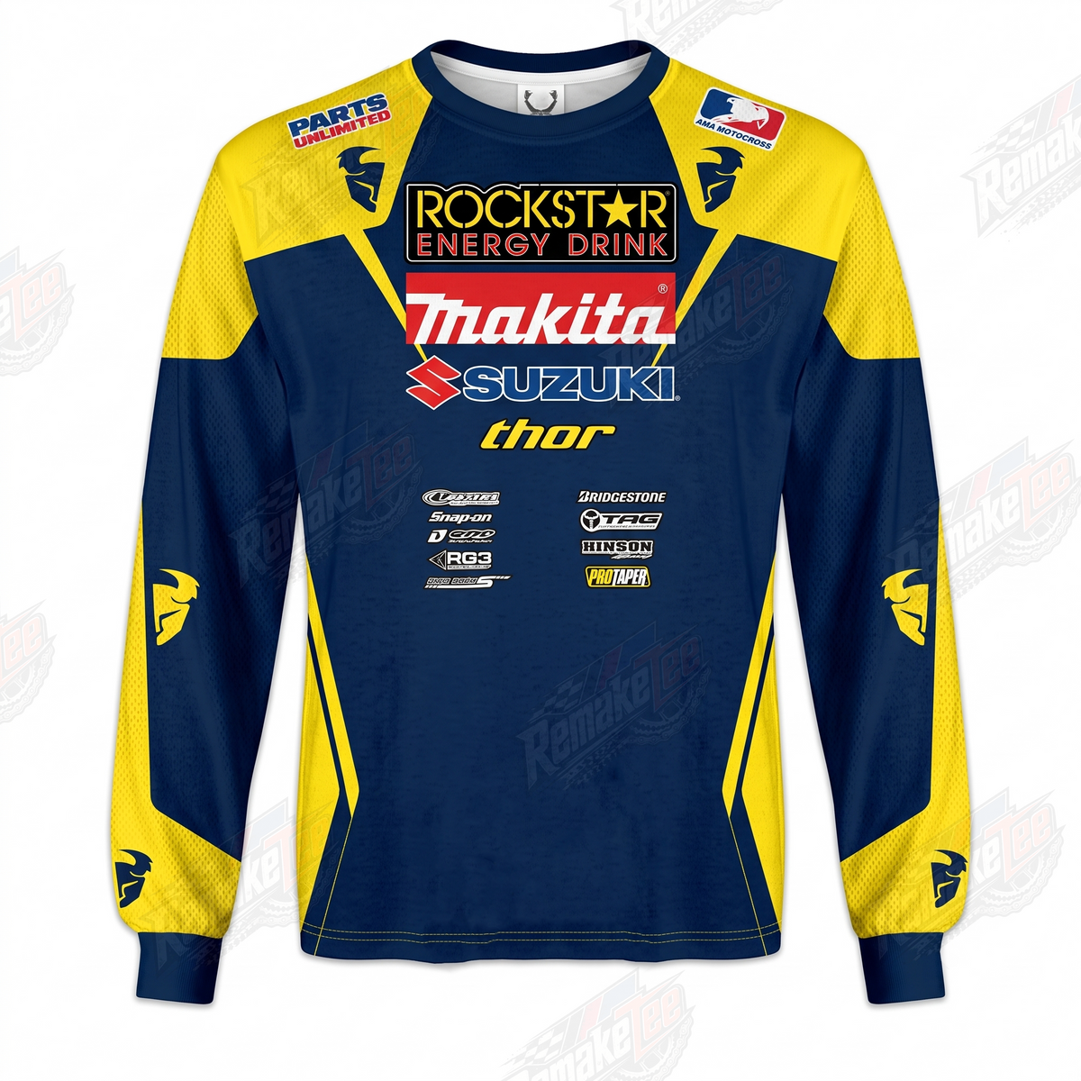 Rockstar Energy Makita Suzuki Thor Blue Yellow vintage VMX racing jersey - front product view