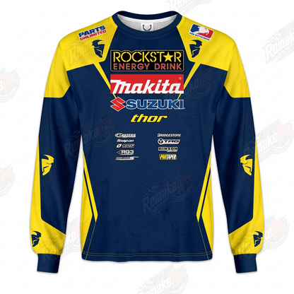 Rockstar Energy Makita Suzuki Thor Blue Yellow vintage VMX racing jersey - front product view