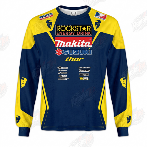 Rockstar Energy Makita Suzuki Thor Blue Yellow vintage VMX racing jersey - front product view