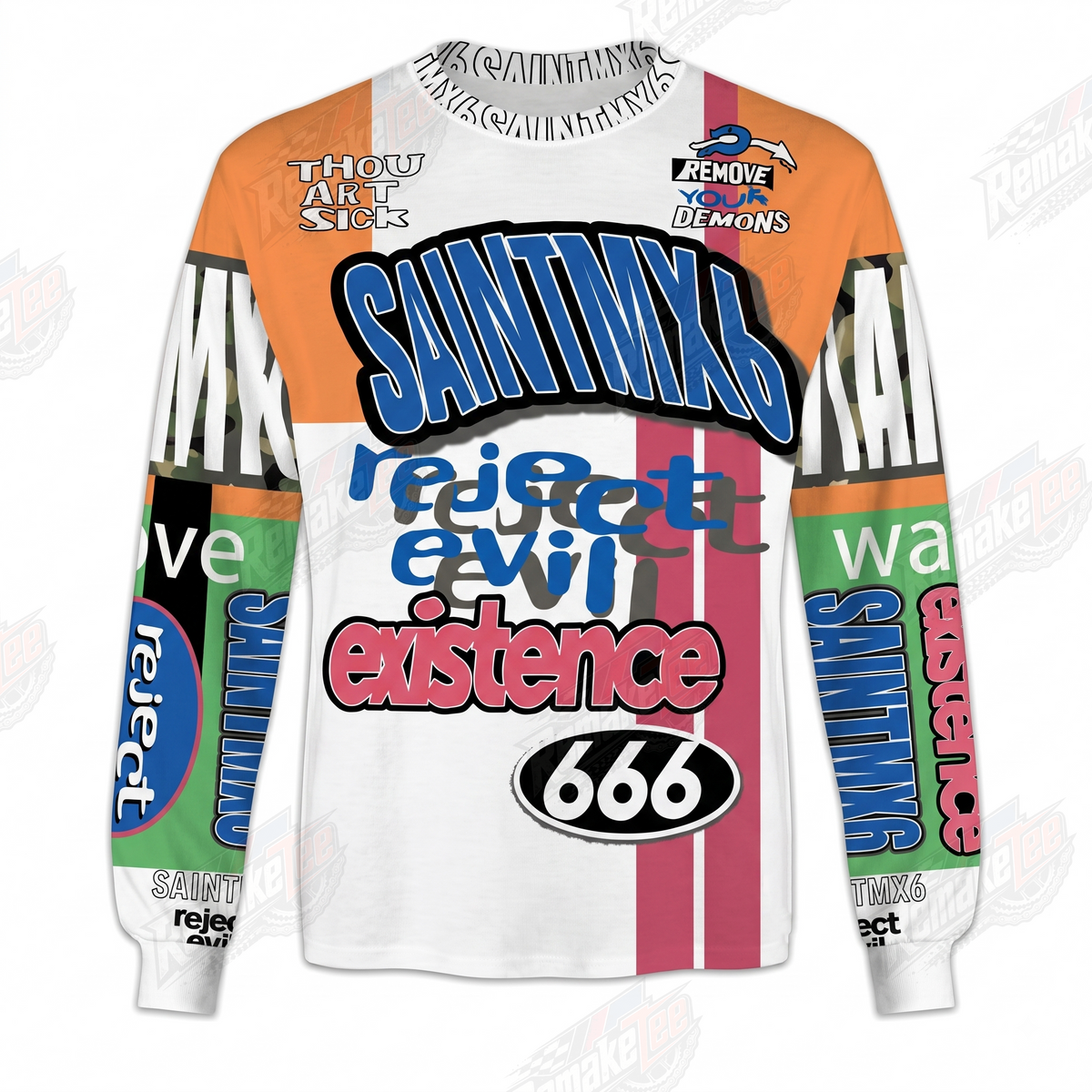 SAINTMX6 Reject Evil Existence 666 Orange White vintage BMX racing jersey - product view