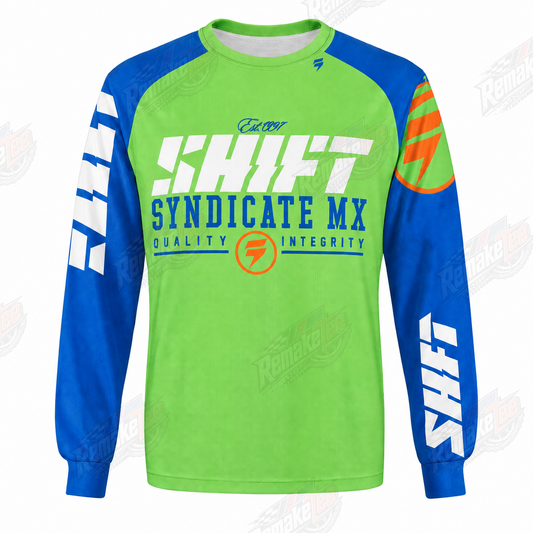 Shift Syndicate MX Green Blue Orange vintage BMX racing jersey - product view