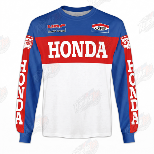 RemakeTee Honda HRC Red White Blue Custom Vintage Retro VMX Racing Jersey 1308 - Front