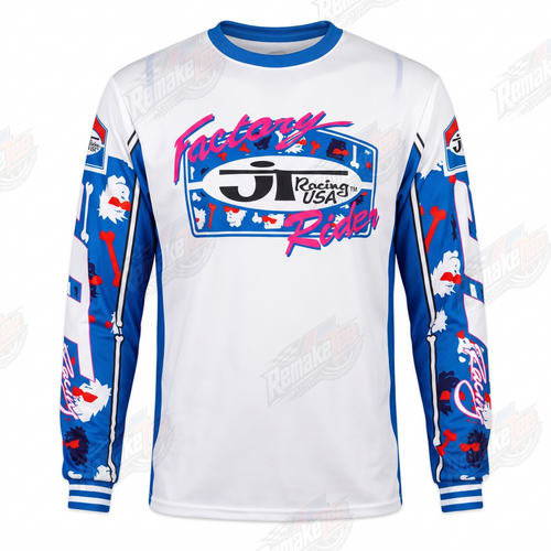 RemakeTee JT Racing White Pink Blue Custom Vintage Retro VMX Racing Jersey 1310 - Front