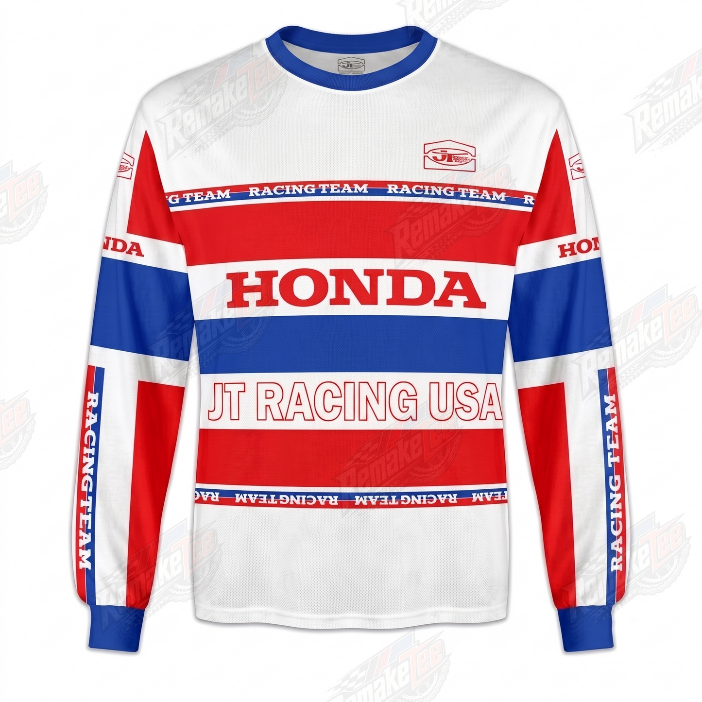 RemakeTee Honda JT Racing USA White Red Blue Stripe Custom Vintage Retro VMX Racing Jersey 1320 - Front