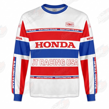RemakeTee Honda JT Racing USA White Red Blue Stripe Custom Vintage Retro VMX Racing Jersey 1320 - Front