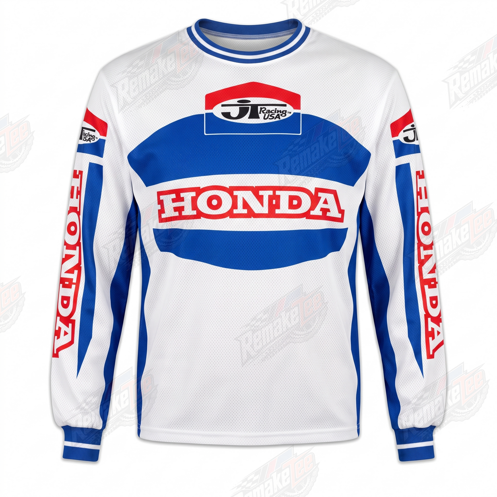 RemakeTee Honda HRC White Blue Red Custom Vintage Retro VMX Racing Jersey 1323 - Front