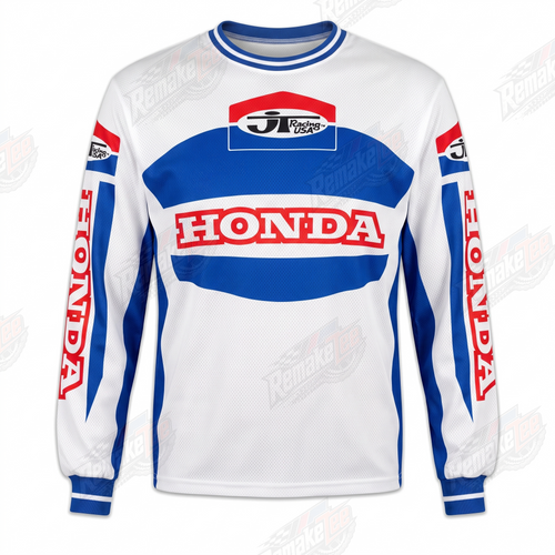 RemakeTee Honda HRC White Blue Red Custom Vintage Retro VMX Racing Jersey 1323 - Front