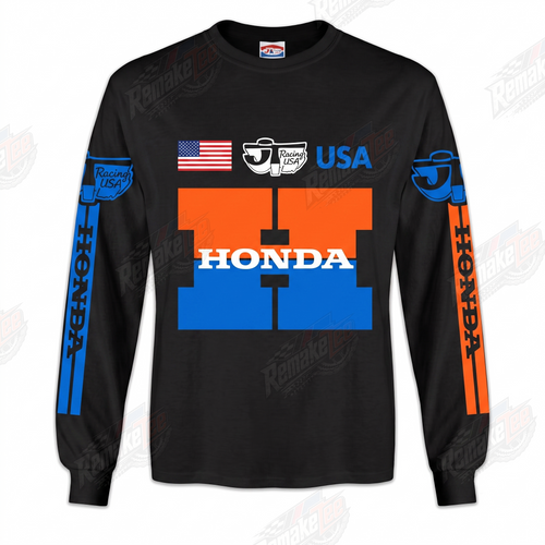 RemakeTee Honda HRC USA Black Blue Orange Custom Vintage Retro VMX Racing Jersey 1329 - Front