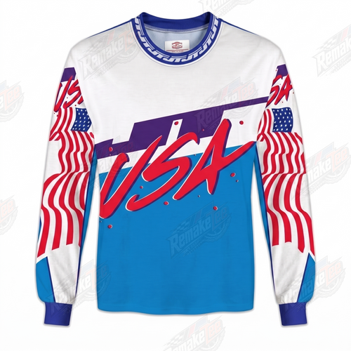 RemakeTee USA Red White Blue Motocross Custom Vintage Retro VMX Racing Jersey 1338 - Front